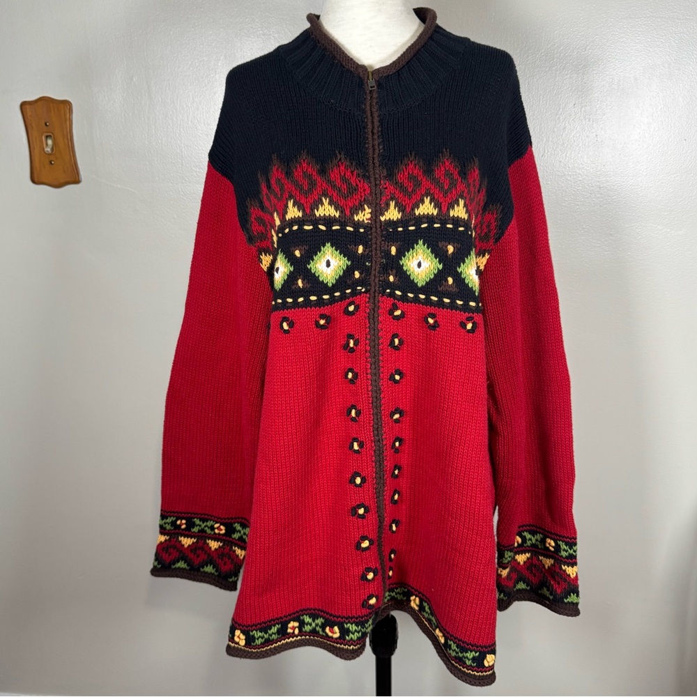 Junonia Red Black Fair Isle Tribal Cotton Knit Plus Size 2X Zip Cardigan Sweater